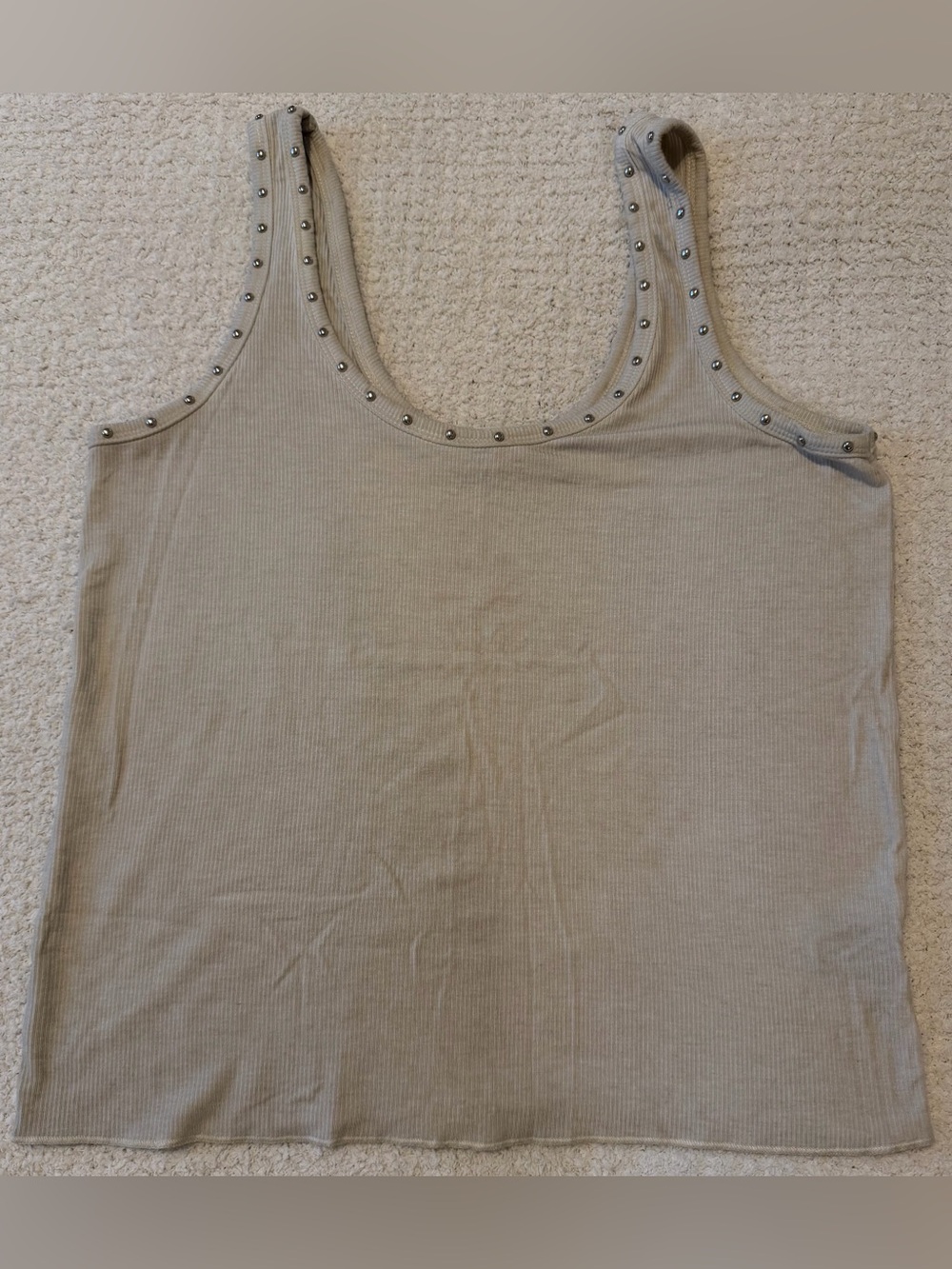 POL Clothing Studded Ribbed Scoop Neck Tank Top Beige Taupe Size Large FKT257